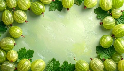 Fresh green gooseberries surrounded by leaves on a light green background perfect for culinary uses or decoration