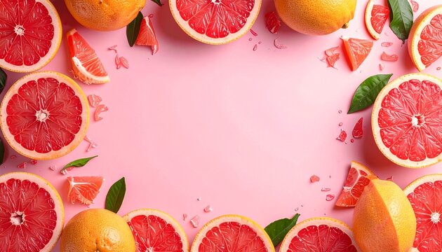 Fresh grapefruit arrangement on a pink background with green leaves and citrus segments scattered around