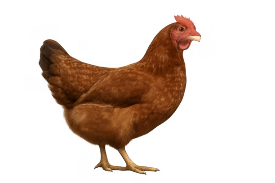 Brown chicken standing, farm poultry animal with red comb, isolated on a transparent background - Powered by Adobe