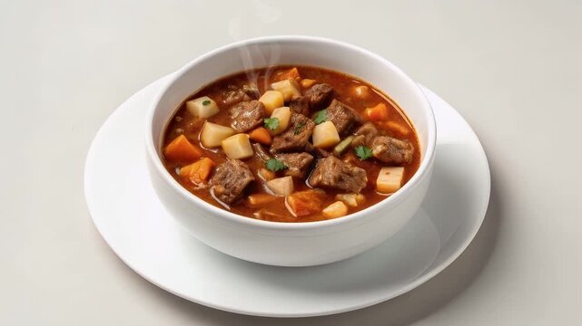 Hearty beef stew menudo bowl with potato carrot onion parsley in rich tomato broth, rustic homemade comfort food dinner, warm soup on plate