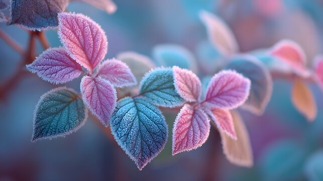 Ethereal frosty leaves glowing in magical pink and blue light.