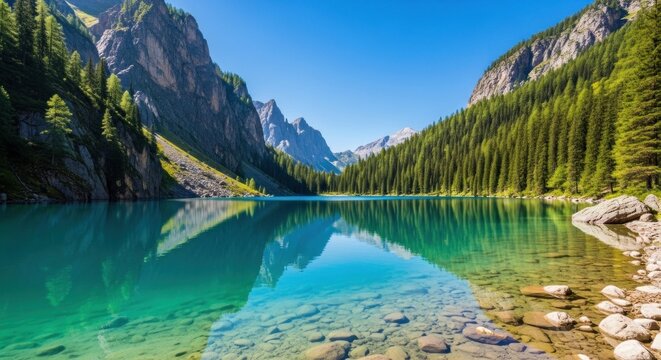 A serene mountain lake with crystal-clear water and lush green trees. - Powered by Adobe
