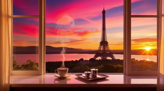 Coffee cup placed on windowsill overlooking Eiffel Tower during vibrant sunset sky Travel concept