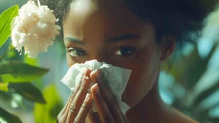Spring Allergy Health Video - Young Woman with Tissue among Blooming Flowers for Medical Education and Healthcare Marketing Content