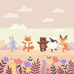 Obraz premium Five cute cartoon animals dancing in a colorful flower field under a soft sky, depicting joy and friendship.