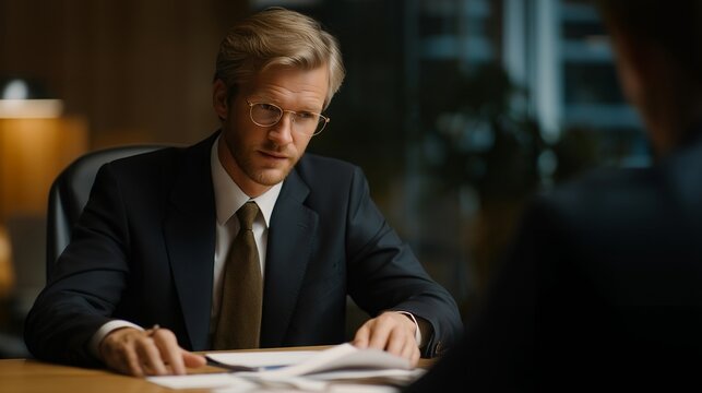 A diplomat leaning forward during a tense one-on-one negotiation in a minimalist conference room, policy notes spread across the table — conflict resolution expertise, diplomacy under pressure, and