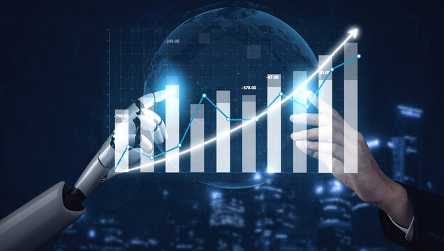 A robotic hand and a human hand interact with a digital graph and globe, symbolizing innovation, growth, and the future of business in technology. Impute