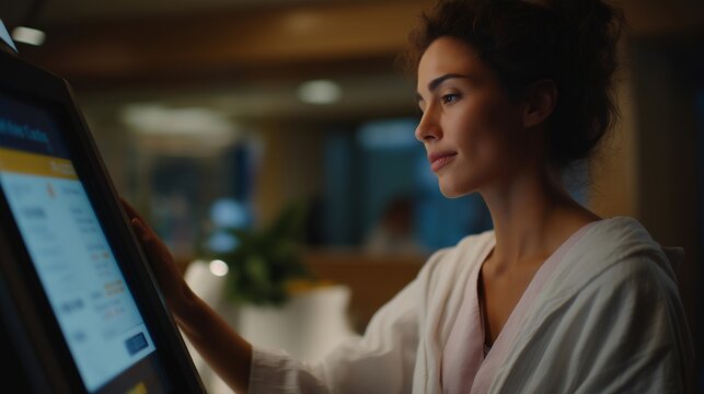 A patient checking into a medical clinic using a health kiosk with large, easy-to-read icons, the screen displaying accessible instructions under soft waiting-room lighting — digital healthcare,
