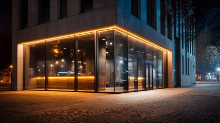 Exterior of a modern commercial building with an illuminated glass facade at night.