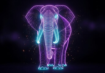Electronic African Elephant Graphic with Glowing Neon Accents and Sparks