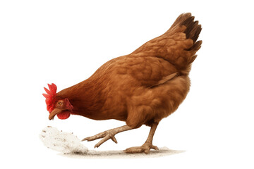 Fototapeta premium Brown hen pecking at feed on the ground, domestic fowl, farm animal, poultry, transparent background