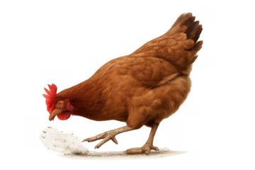 Brown hen pecking at feed on the ground, domestic fowl, farm animal, poultry, transparent background