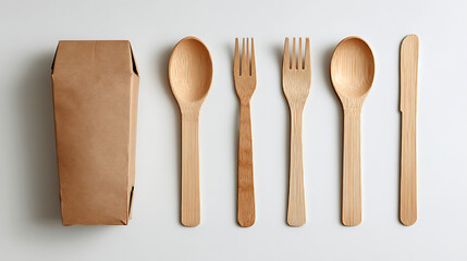 Natural bamboo cutlery and brown paper container arranged neatly fork spoon