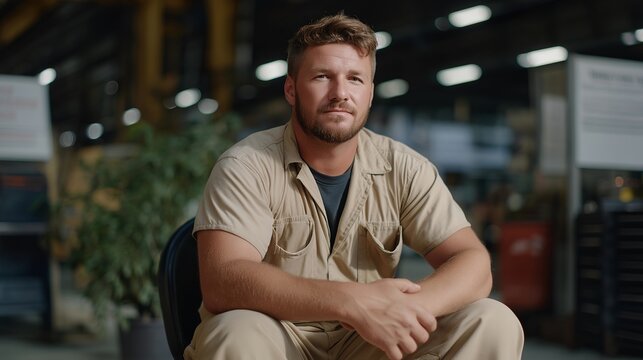 A factory employee sitting calmly on a chair while a trained first responder applies an ice pack to their knee, safety posters visible in the background — industrial injury support, quick