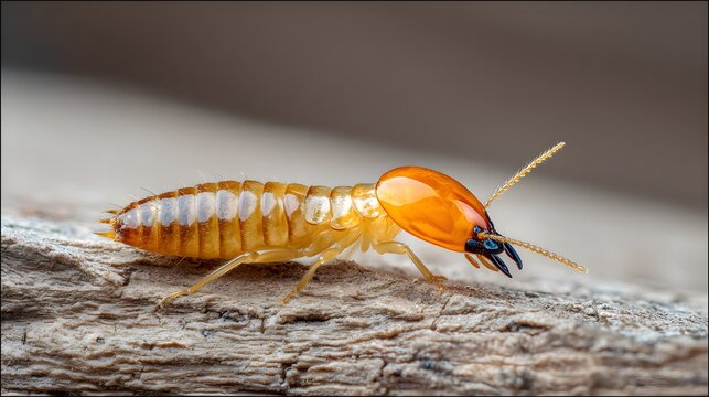 Extreme close-up macro shot of a single worker termite on a piece of wood.