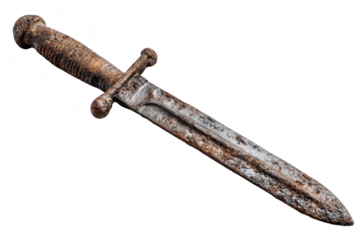 Antique rusty bayonet knife, isolated on transparent background, war relic, realistic texture, clean minimal composition