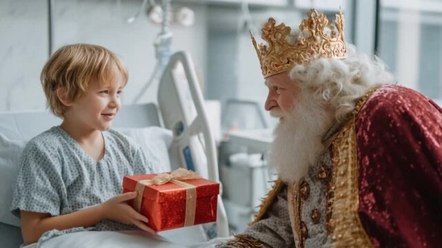 ni&ntilde;o enfermo con bata de hospital sentado en una cama de una habitacion, recibiendo una caja roja e regalo con cinta dorada del Rey Mago de navidad Melchor la noche de Reyes