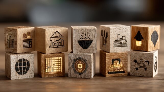 Wooden blocks displaying icons of global business, data analysis, and sustainable energy concepts for professional innovation projects