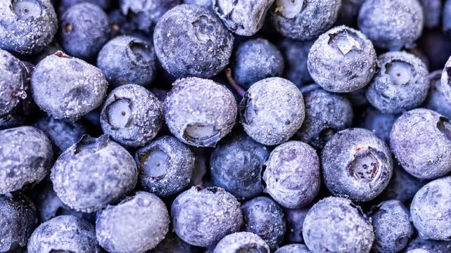 Close-up view of a pile of frozen blueberries showcasing icy details and rich blue tones.