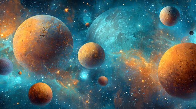 Fantastical deep space scene with multiple planets and colorful nebula.