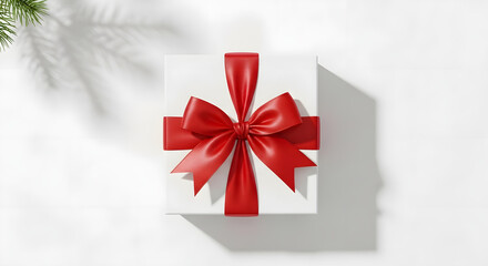 Elegant White Gift Box with Red Ribbon Bow on White Background