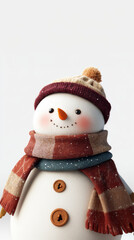 3D cute snowman portrait with knitted brown hat and scarf on vertical white background for winter holiday mobile wallpaper