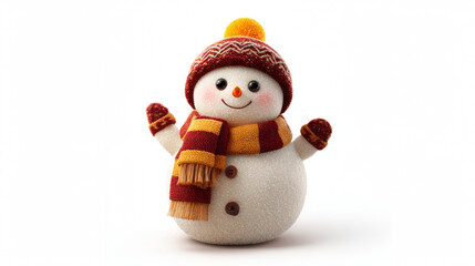 Fototapeta premium 3D cute snowman character waving hand with red scarf and hat isolated on white background for Christmas greeting card
