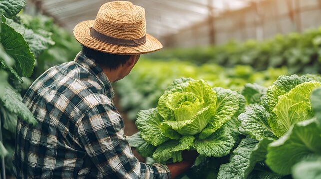 Farmer wearing a plaid shirt and hat tending to fresh green cabbage in a lush vegetable garden. - Powered by Adobe