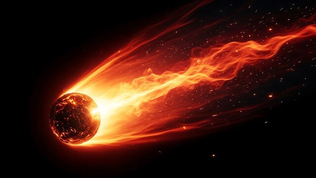 Fiery Comet Streaking Through Space with a Trail of Flames.