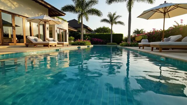 Resort pool reflects palms, umbrellas, and villas at dawn