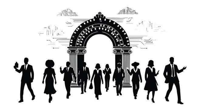 Diverse group of professionals walking towards an ornate archway, symbolizing opportunity and success.