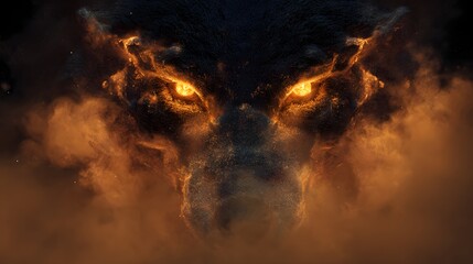 Fearsome monster eyes glowing with fire and smoke in the dark.