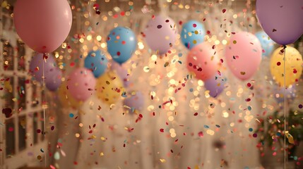 Festive party background with colorful balloons and golden confetti.
