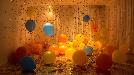 Festive party room filled with colorful balloons and golden confetti.