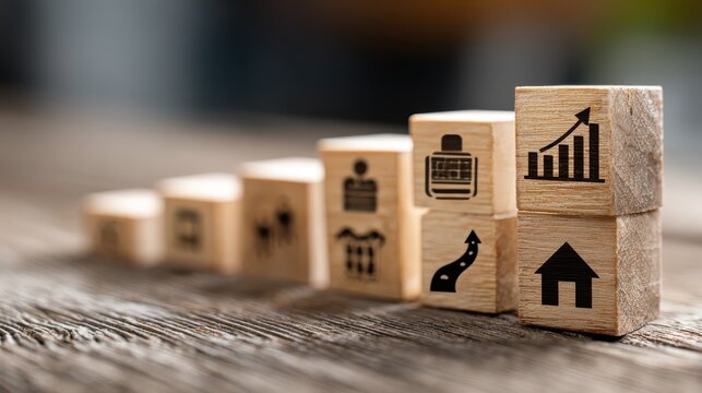 Achieve business goals with creative steps and strategies for success, growth, and wealth accumulation on wooden blocks for a modern business vision