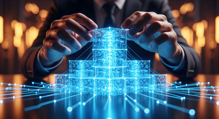 Professional Managing Futuristic Digital Network with Glowing Data Cubes