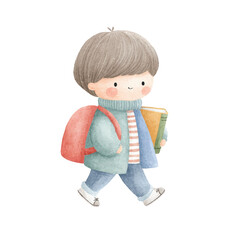 Cute Watercolor School Boy Walking with Backpack and Books.