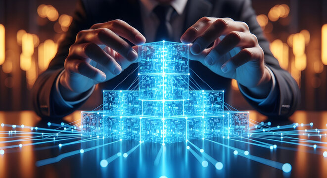 Professional Managing Futuristic Digital Network with Glowing Data Cubes