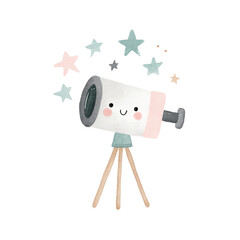 Cute Watercolor Telescope with Stars Whimsical space exploration illustration for kids.