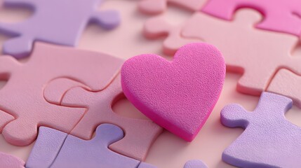 Finding the missing piece of love with a pink heart on a puzzle background.