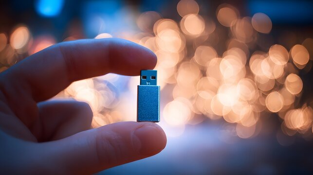 Fingers holding a small blue USB flash drive with a beautiful bokeh light background representing data storage and technology.