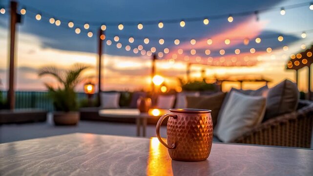 Cozy patio sunset moscow mule copper mug outdoor lounge bokeh warm glow relaxation evening vibe on terrace with string lights and rooftop bar