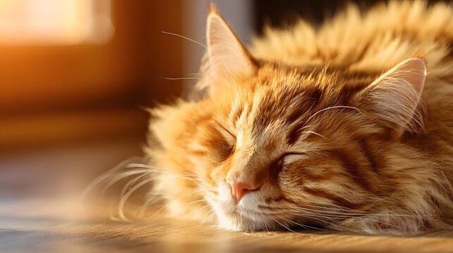 Fluffy ginger cat sleeping peacefully on the floor in warm sunlight.