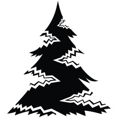 Black Silhouette of a Pine Tree with Jagged, Stylized Branches and a Pointed Top christmas tree black and white