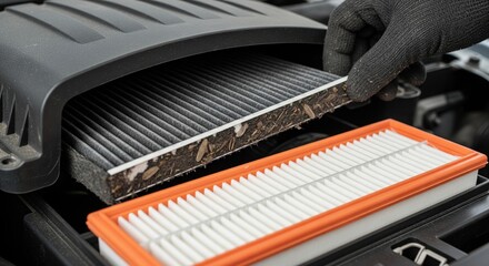 Mechanic hand replacing old dirty car engine air filter with a new clean one for maintenance