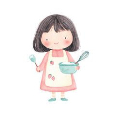Adorable Little Girl Baking Watercolor Illustration.
