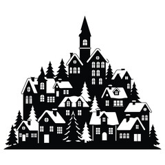 Black Silhouette of a Whimsical Village with Houses and Pine Trees on a Hill town black and white