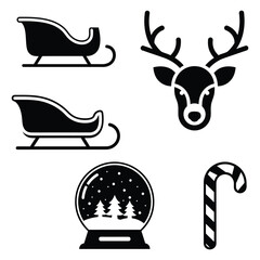 Christmas Icons Including Sleighs Reindeer Snow Globe and Candy Cane illustration