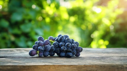 Obraz premium Fresh bunch of ripe dark grapes on a rustic wooden table outdoors.