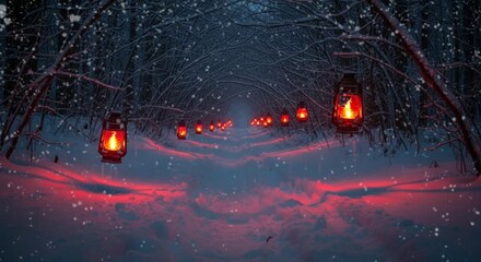 Snowy forest pathway illuminated by hanging red lanterns casting bright warm glow across wintry ground. Seasonal concept - Powered by Adobe